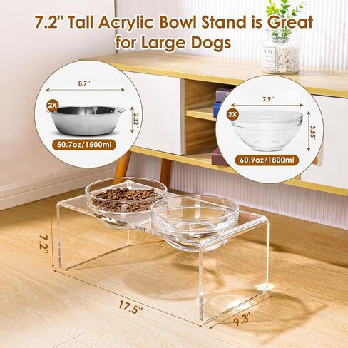 Acrylic Elevated Dog Cat Bowls Pet Feeder Double Bowl Raised Stand Comes with 2 Removable Glass Bowls and 2 Stainless Steel Bowls.Perfect for Large Dogs, 7.2" Tall in Kuwait
