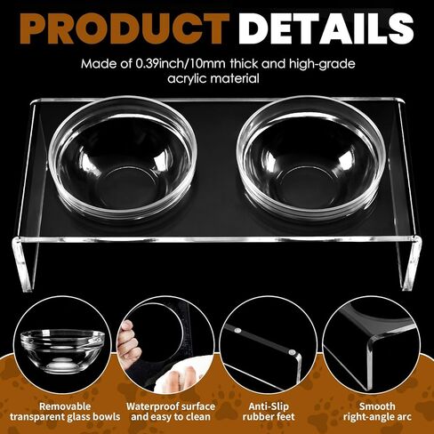 Acrylic Elevated Dog Cat Bowls Pet Feeder Double Bowl Raised Stand Comes with 2 Removable Glass Bowls and 2 Stainless Steel Bowls.Perfect for Large Dogs, 7.2" Tall in Kuwait