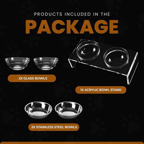Acrylic Elevated Dog Cat Bowls Pet Feeder Double Bowl Raised Stand Comes with 2 Removable Glass Bowls and 2 Stainless Steel Bowls.Perfect for Large Dogs, 7.2" Tall in Kuwait