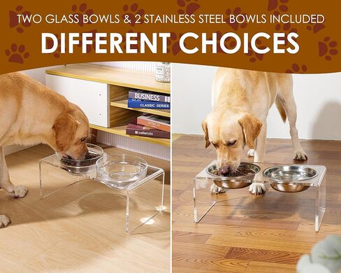 Acrylic Elevated Dog Cat Bowls Pet Feeder Double Bowl Raised Stand Comes with 2 Removable Glass Bowls and 2 Stainless Steel Bowls.Perfect for Large Dogs, 7.2" Tall in Kuwait