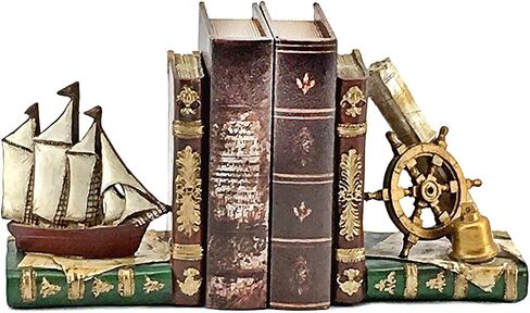 Bellaa 24247 Pirate Ship Bookends Captain Sailboat Crew Sailor Nautical Coastal Home Decor Art Statues Book Ends Shelves Stoppers Holder Nonskid Shelf Heavy Duty Supports Vintage Style in Saudi Arabia