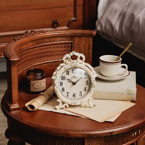 NIKKY HOME Small Table Clock Silent Non-Ticking, Shelf Desk Top Clock Battery Operated Vintage Rustic Design, Chic Home Decor for Fireplace Mantel, Desktop, Countertop, Beige in Saudi Arabia