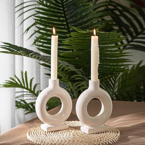حامل عصي الشموع السيراميكي الحديث من Liotww، مجموعة محايدة من شمعدان مستدق شمعدان دائري مع فتحات، لديكور المنزل في طاولة الشمال (كريمي أبيض) in Kuwait