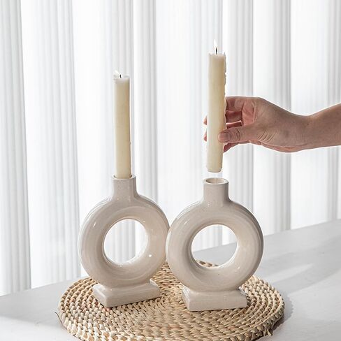 حامل عصي الشموع السيراميكي الحديث من Liotww، مجموعة محايدة من شمعدان مستدق شمعدان دائري مع فتحات، لديكور المنزل في طاولة الشمال (كريمي أبيض) in Kuwait