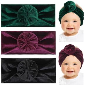 Subesty 3pcs Velvet Baby Headbands, Elastics Baby Girl Bows Classic Knot Newborn Headbands Turban Soft Wide Headwraps for Newborn Infant Toddlers (Black Red Green) in Kuwait
