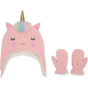 Pink Unicorn Infant/Toddler Fleece Pilot Cap and Mittens Set-4T in Kuwait