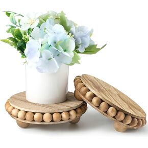 2 Pcs Beaded Wood Pedestal Stand Wooden Risers for Display Farmhouse Round Display Stands Decorative Accent for Coffee Bar, Bathroom, Kitchen Island, Plant Pot (Gray, 4 Inch)