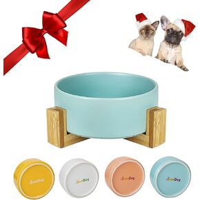 أوعية الكلاب المرتفعة من SunDog - وعاء عملي مرتفع للكلاب للطعام والماء - أوعية سيراميك لطيفة ومتينة للكلاب مع حامل خشبي - أوعية للكلاب والقطط الصغيرة سعة 13.5 أونصة (أزرق) in Kuwait