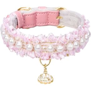 PetsHome Cat Collar, Dog Collar, [Beautiful Lace][Cute Pearl] Premium PU Leather Pet Collar with Shell Pendant Adjustable Collar for Cat and Small Dog Small Pink in Kuwait