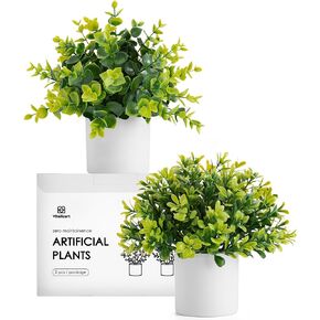 Vitalizart 2 Pack Mini Potted Artificial Plants Indoor Eucalyptus Boxwood Fake Plants for Aesthetic Home Decor Bathroom Wall Bedroom Kitchen Office Farmhouse and Patio Decorations in Kuwait