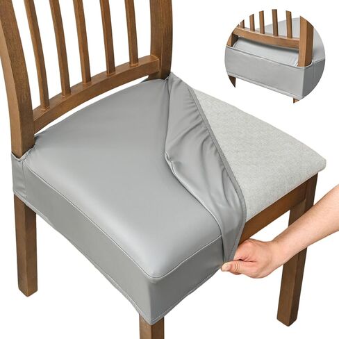 KRFOONN Waterproof Dining Chair Seat Covers PU Leather Kitchen Chair Covers Removable Upholstered Chair Seat Cushion Cover Anti-Dust Chair Seat Slipcovers Protector (6PCS-Rear-Covered, 07) in Kuwait
