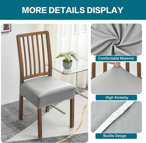 KRFOONN Waterproof Dining Chair Seat Covers PU Leather Kitchen Chair Covers Removable Upholstered Chair Seat Cushion Cover Anti-Dust Chair Seat Slipcovers Protector (6PCS-Rear-Covered, 07) in Kuwait