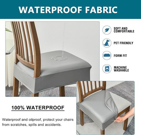 KRFOONN Waterproof Dining Chair Seat Covers PU Leather Kitchen Chair Covers Removable Upholstered Chair Seat Cushion Cover Anti-Dust Chair Seat Slipcovers Protector (6PCS-Rear-Covered, 07) in Kuwait