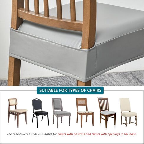 KRFOONN Waterproof Dining Chair Seat Covers PU Leather Kitchen Chair Covers Removable Upholstered Chair Seat Cushion Cover Anti-Dust Chair Seat Slipcovers Protector (6PCS-Rear-Covered, 07) in Kuwait