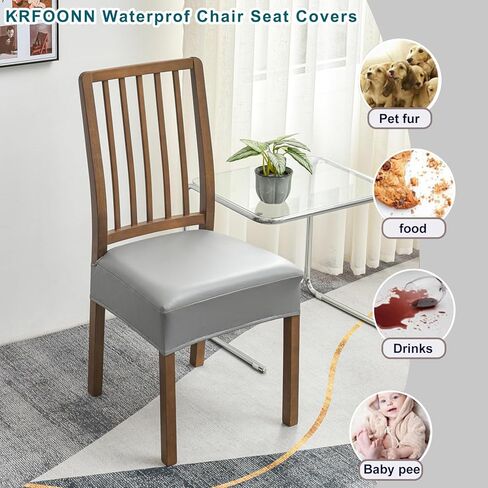 KRFOONN Waterproof Dining Chair Seat Covers PU Leather Kitchen Chair Covers Removable Upholstered Chair Seat Cushion Cover Anti-Dust Chair Seat Slipcovers Protector (6PCS-Rear-Covered, 07) in Kuwait