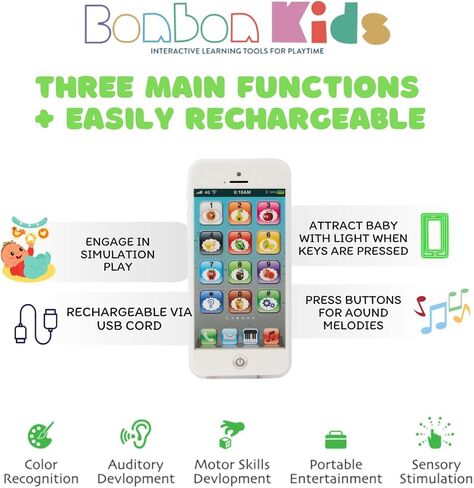 BonBon Kids Play Toy Phone Mobile Playmate Phone - لعبة تعلم اللعب الهاتف الخلوي مع 8 أوضاع موسيقى وأضواء مبهرة للأطفال الصغار والرضع (اللون: أبيض) in Saudi Arabia