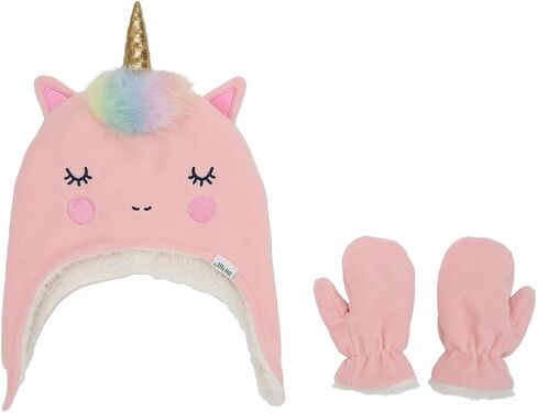 Pink Unicorn Infant/Toddler Fleece Pilot Cap and Mittens Set-4T in Kuwait