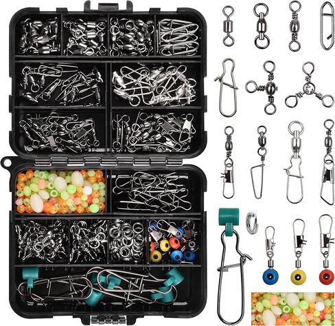OROOTL Fishing Swivels Kit, 205pcs Fishing Accessories Tackle Box with Barrel Swivel Ball Bearing Swivel Snap 3 Way Swivel Sinker Slide Duo Lock Snap Beads Saltwater Freshwater Fishing Connector in Saudi Arabia