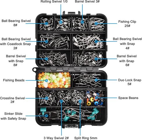 OROOTL Fishing Swivels Kit, 205pcs Fishing Accessories Tackle Box with Barrel Swivel Ball Bearing Swivel Snap 3 Way Swivel Sinker Slide Duo Lock Snap Beads Saltwater Freshwater Fishing Connector in Saudi Arabia