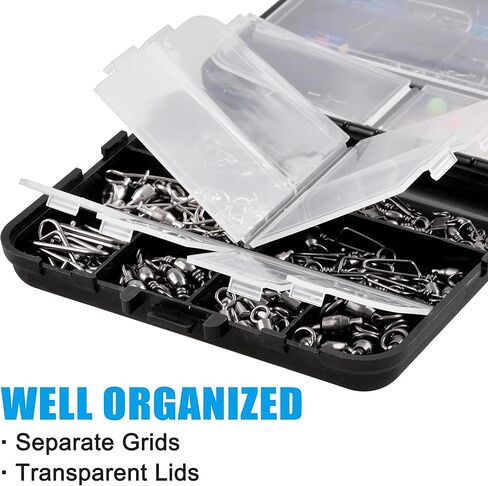 OROOTL Fishing Swivels Kit, 205pcs Fishing Accessories Tackle Box with Barrel Swivel Ball Bearing Swivel Snap 3 Way Swivel Sinker Slide Duo Lock Snap Beads Saltwater Freshwater Fishing Connector in Saudi Arabia
