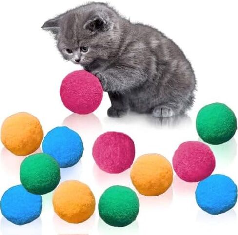 Meric Pompom Furry Cat Toy Balls, Lots of Toys for Lots of Fun, Get Your Flabby Tabby Moving, Keep Kittens from Shredding Books, Clothes, and Toes, Kitties Love to Fetch, Soft On Paws, 12 Toys in Kuwait