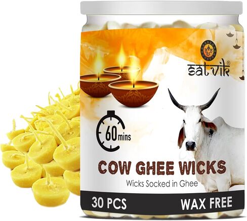 SATVIK 30 Pc Pure Cow Ghee Wicks for Pooja 60 Min Burning Time Home and Mandir Nitya Pujan Readymade Ghee Diya Jyot Indian Housewarming Return Gift Items Puja Accessories Diwali Diya Cotton Wicks in Kuwait