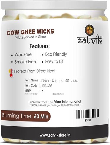SATVIK 30 Pc Pure Cow Ghee Wicks for Pooja 60 Min Burning Time Home and Mandir Nitya Pujan Readymade Ghee Diya Jyot Indian Housewarming Return Gift Items Puja Accessories Diwali Diya Cotton Wicks in Kuwait