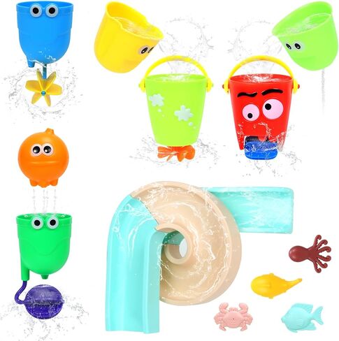 Bath Toys for Toddlers 1-3 Years Old, Bathtub Toy for Kids 3-4-5 Age,Water Bath Tub Toys with Water Slide &Marine Organism and Lovely Cups,14 Pcs Baby Bath Toys for Boys and Girls Gift in Kuwait