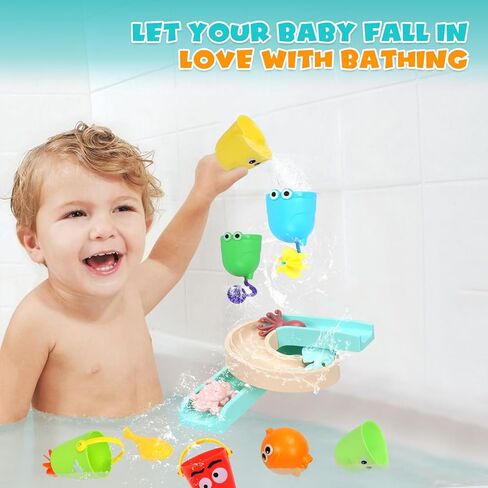 Bath Toys for Toddlers 1-3 Years Old, Bathtub Toy for Kids 3-4-5 Age,Water Bath Tub Toys with Water Slide &Marine Organism and Lovely Cups,14 Pcs Baby Bath Toys for Boys and Girls Gift in Kuwait