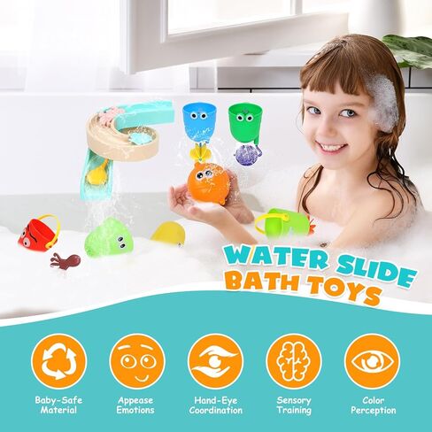 Bath Toys for Toddlers 1-3 Years Old, Bathtub Toy for Kids 3-4-5 Age,Water Bath Tub Toys with Water Slide &Marine Organism and Lovely Cups,14 Pcs Baby Bath Toys for Boys and Girls Gift in Kuwait