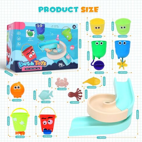 Bath Toys for Toddlers 1-3 Years Old, Bathtub Toy for Kids 3-4-5 Age,Water Bath Tub Toys with Water Slide &Marine Organism and Lovely Cups,14 Pcs Baby Bath Toys for Boys and Girls Gift in Kuwait