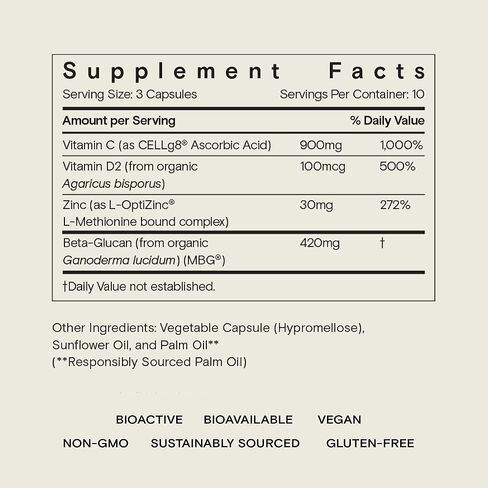SuperPower by Moon Juice - Mushroom Derived Natural Immune Support Supplement - 900mg Liposomal Vitamin C, 4000 IU Vitamin D, 420mg Beta-Glucans & 30mg Zinc - US Sourced, Vegan, Non-GMO (30 Capsules) in Kuwait
