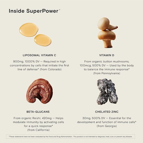SuperPower by Moon Juice - Mushroom Derived Natural Immune Support Supplement - 900mg Liposomal Vitamin C, 4000 IU Vitamin D, 420mg Beta-Glucans & 30mg Zinc - US Sourced, Vegan, Non-GMO (30 Capsules) in Kuwait
