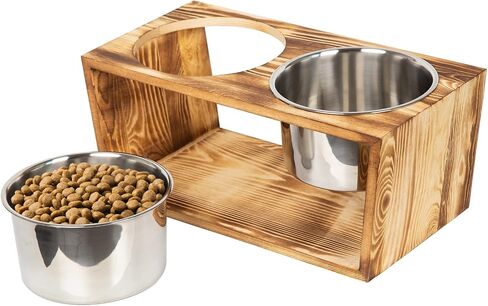 Rustic Wood Dog Cat Raised Bowls Elevated Pets Bowl Stand for Large Dogs and Cats Pet Feeder with Two Stainless Steel Bowls (Brown) in Kuwait