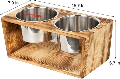 Rustic Wood Dog Cat Raised Bowls Elevated Pets Bowl Stand for Large Dogs and Cats Pet Feeder with Two Stainless Steel Bowls (Brown) in Kuwait