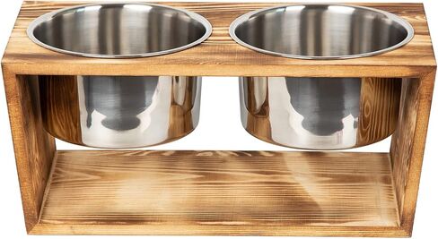Rustic Wood Dog Cat Raised Bowls Elevated Pets Bowl Stand for Large Dogs and Cats Pet Feeder with Two Stainless Steel Bowls (Brown) in Kuwait