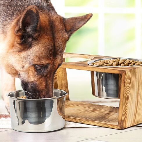 Rustic Wood Dog Cat Raised Bowls Elevated Pets Bowl Stand for Large Dogs and Cats Pet Feeder with Two Stainless Steel Bowls (Brown) in Kuwait