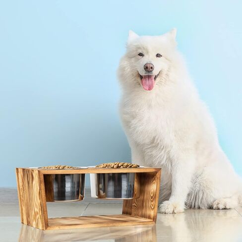 Rustic Wood Dog Cat Raised Bowls Elevated Pets Bowl Stand for Large Dogs and Cats Pet Feeder with Two Stainless Steel Bowls (Brown) in Kuwait