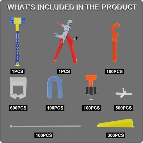 ماكس مان نظام بلاط مع كماشة ومطرقة مطاطية، 1000 قطعة من مشابك الحشية 200 قطعة قابلة لاعادة الاستخدام، مجموعة ادوات فرد لتركيب الحجر (حشية 1/16 انش) in Kuwait