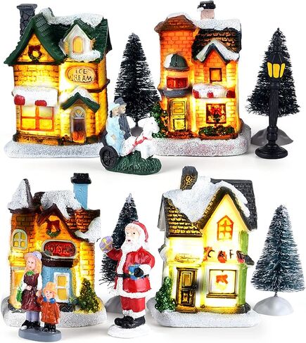 ايليكلاند مجموعات قرية الكريسماس مكونة من 12 قطعة، منازل قرية الكريسماس مع زجاجة وفرشاة واشجار، تماثيل الكريسماس الصغيرة، اكسسوارات قرية الكريسماس لتزيين المنزل والكريسماس in Kuwait