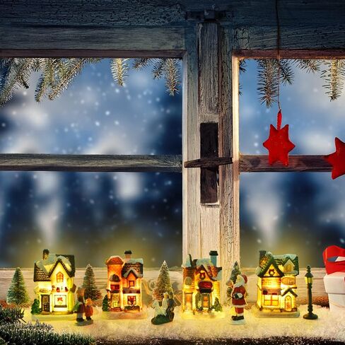 ايليكلاند مجموعات قرية الكريسماس مكونة من 12 قطعة، منازل قرية الكريسماس مع زجاجة وفرشاة واشجار، تماثيل الكريسماس الصغيرة، اكسسوارات قرية الكريسماس لتزيين المنزل والكريسماس in Kuwait