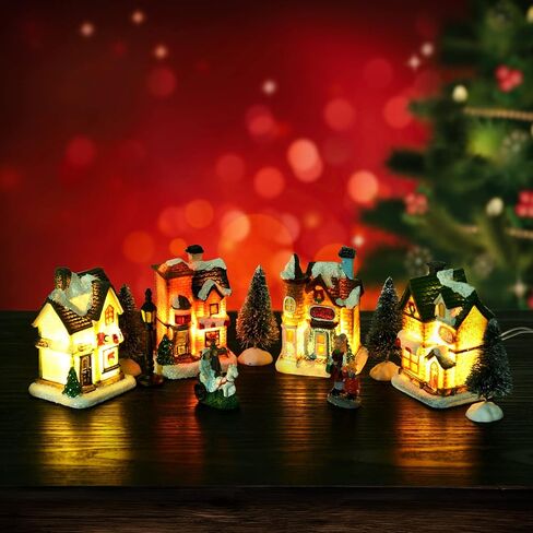 ايليكلاند مجموعات قرية الكريسماس مكونة من 12 قطعة، منازل قرية الكريسماس مع زجاجة وفرشاة واشجار، تماثيل الكريسماس الصغيرة، اكسسوارات قرية الكريسماس لتزيين المنزل والكريسماس in Kuwait
