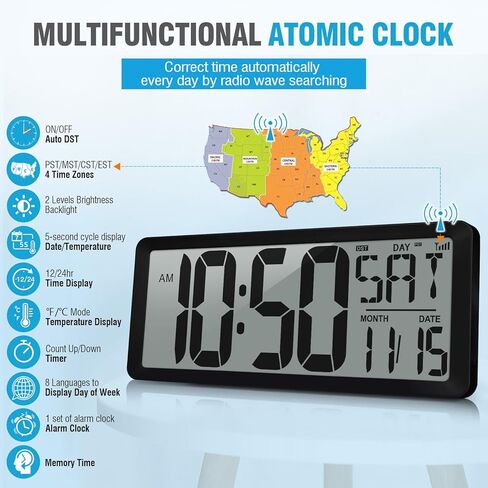 TXL Atomic Clock with Backlight, 14.2" Large Digital Wall Clock Battery Operated, Digital Clock Large Display with Day, Date & Temperature, Large Wall Clock for Bedroom, Livingroom, Office in Kuwait