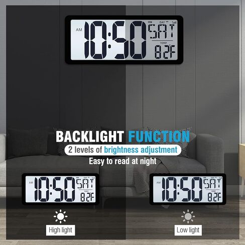 TXL Atomic Clock with Backlight, 14.2" Large Digital Wall Clock Battery Operated, Digital Clock Large Display with Day, Date & Temperature, Large Wall Clock for Bedroom, Livingroom, Office in Kuwait