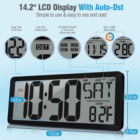 TXL Atomic Clock with Backlight, 14.2" Large Digital Wall Clock Battery Operated, Digital Clock Large Display with Day, Date & Temperature, Large Wall Clock for Bedroom, Livingroom, Office in Kuwait