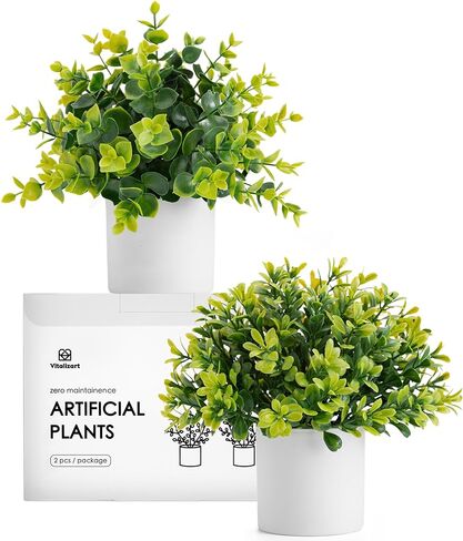Vitalizart 2 Pack Mini Potted Artificial Plants Indoor Eucalyptus Boxwood Fake Plants for Aesthetic Home Decor Bathroom Wall Bedroom Kitchen Office Farmhouse and Patio Decorations in Kuwait