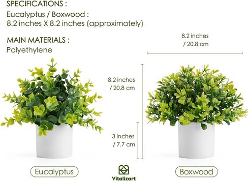 Vitalizart 2 Pack Mini Potted Artificial Plants Indoor Eucalyptus Boxwood Fake Plants for Aesthetic Home Decor Bathroom Wall Bedroom Kitchen Office Farmhouse and Patio Decorations in Kuwait