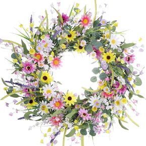 22 Inches Spring Wreaths for Front Door Summer Door Wreath Summer Wreath with Colorful Daisy Lavender Wildflower Green Eucalyptus Leaves for Spring Summer Indoors Farmhouse Outdoor Decor