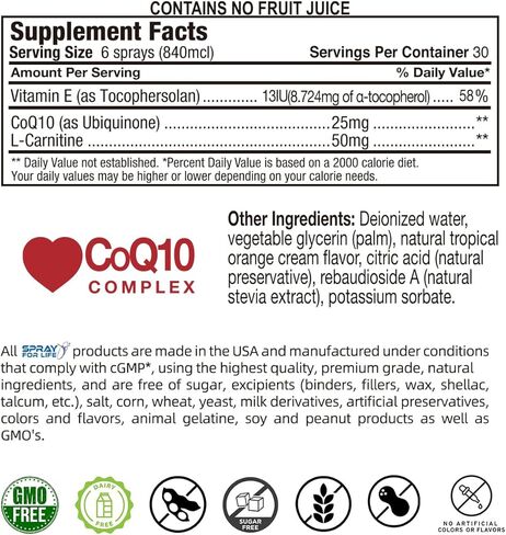 سبراي فور لايف® CoQ10 وفيتامين E وL- الكارنتين مع تقنية النانو 29.5 مل برتقالي استوائي - بخاخ سائل يومي إنزيم للبالغين والأطفال وكبار السن - كمية تكفي 30 يومًا in Kuwait