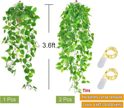 نباتات معلقة صناعية من WEISPARK - قطعتان من أوراق كرمة اللبلاب المزيفة ونباتات المطبخ للحائط وغرفة المنزل والحديقة وإكليل الزفاف والديكور الداخلي والخارجي (بدون سلال) in Kuwait